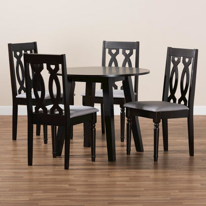 Grey Fabric Upholstered and Dark Brown Finished Wood 5-Piece Dining Set