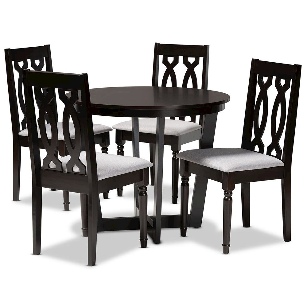 Grey Fabric Upholstered and Dark Brown Finished Wood 5-Piece Dining Set
