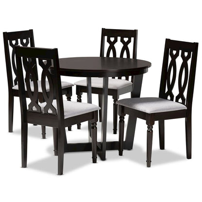 Grey Fabric Upholstered and Dark Brown Finished Wood 5-Piece Dining Set