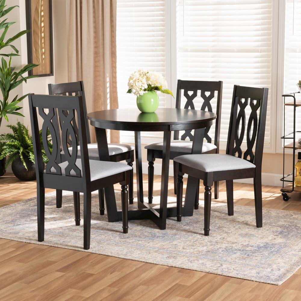 Grey Fabric Upholstered and Dark Brown Finished Wood 5-Piece Dining Set