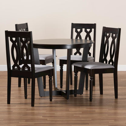 Grey Fabric Upholstered and Dark Brown Finished Wood 5-Piece Dining Set