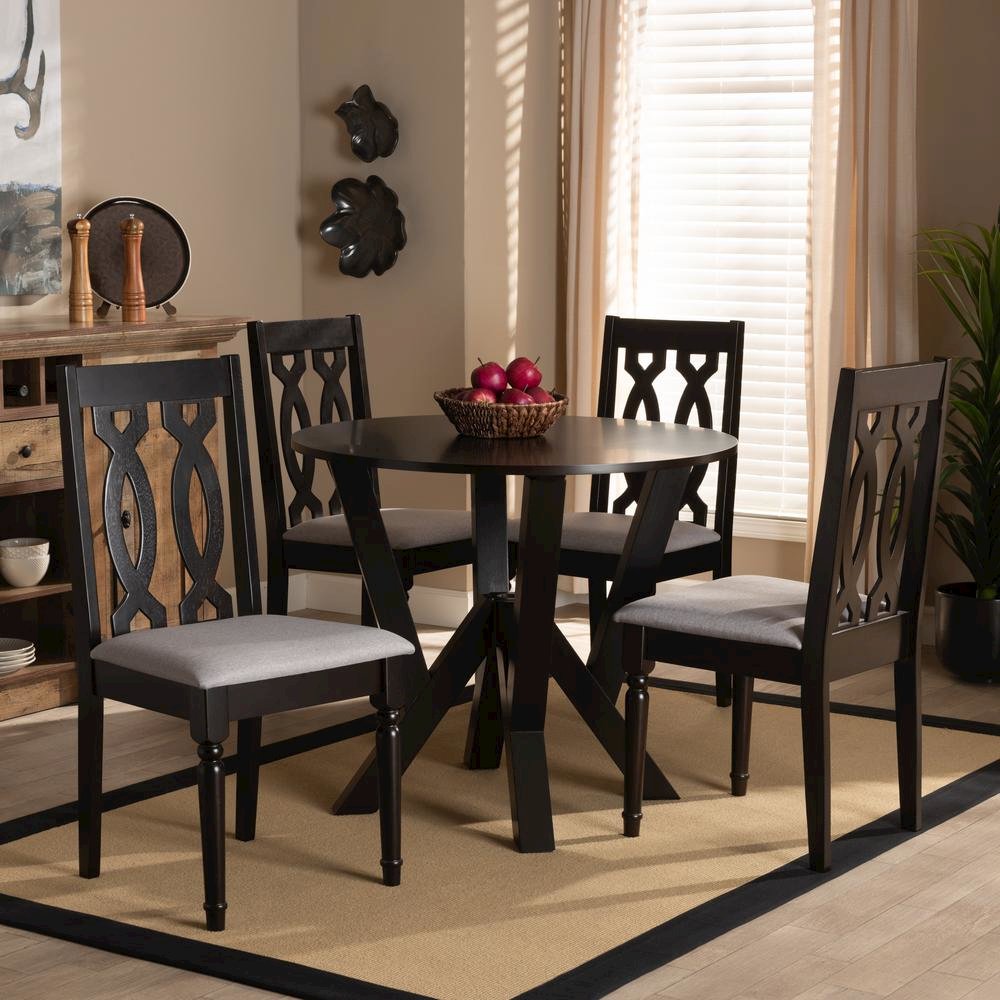 Grey Fabric Upholstered and Dark Brown Finished Wood 5-Piece Dining Set