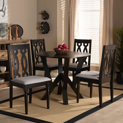 Grey Fabric Upholstered and Dark Brown Finished Wood 5-Piece Dining Set
