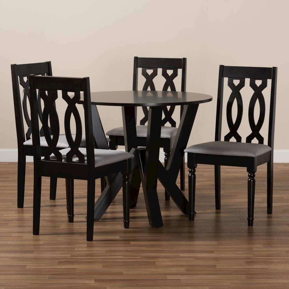 Grey Fabric Upholstered and Dark Brown Finished Wood 5-Piece Dining Set