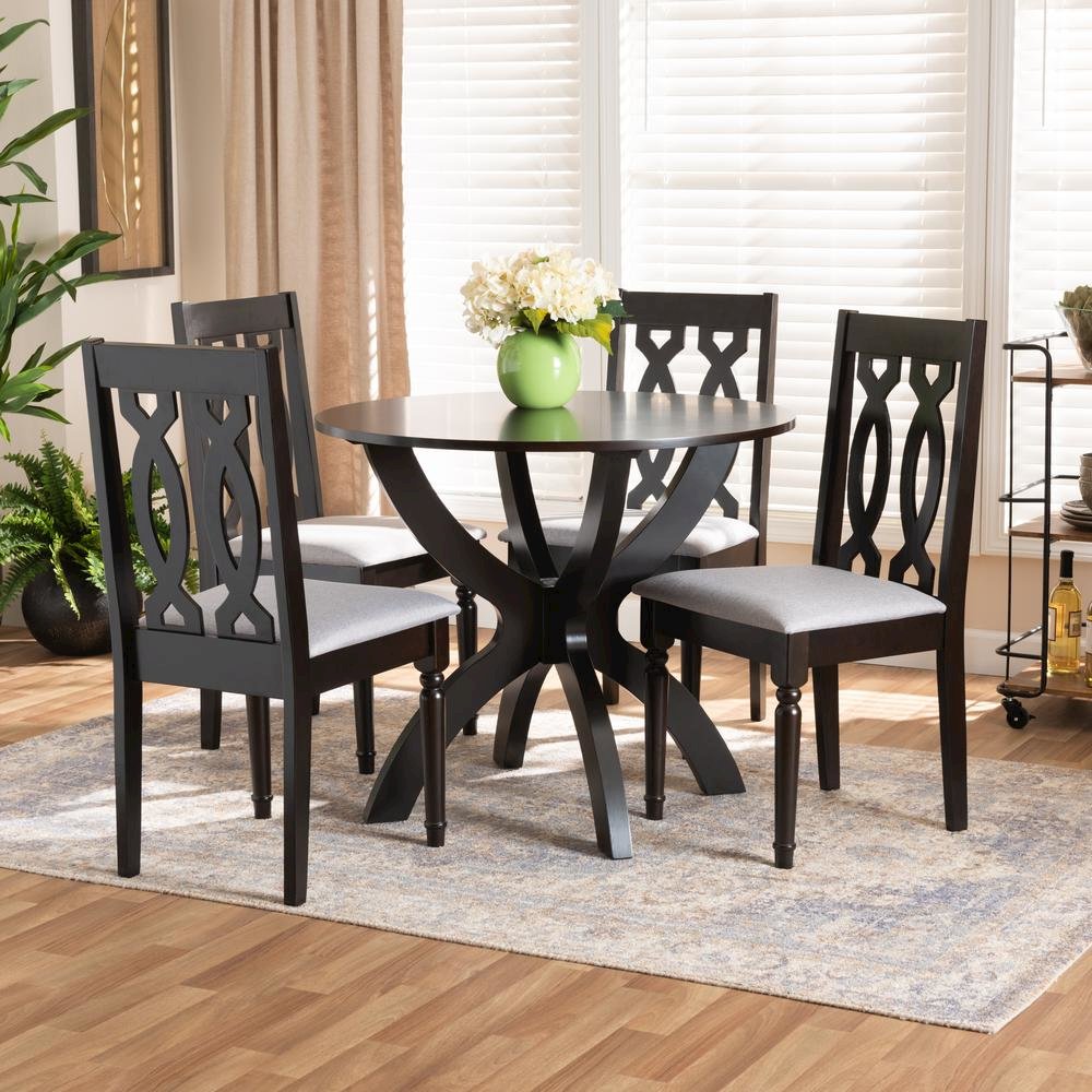 Grey Fabric Upholstered and Dark Brown Finished Wood 5-Piece Dining Set