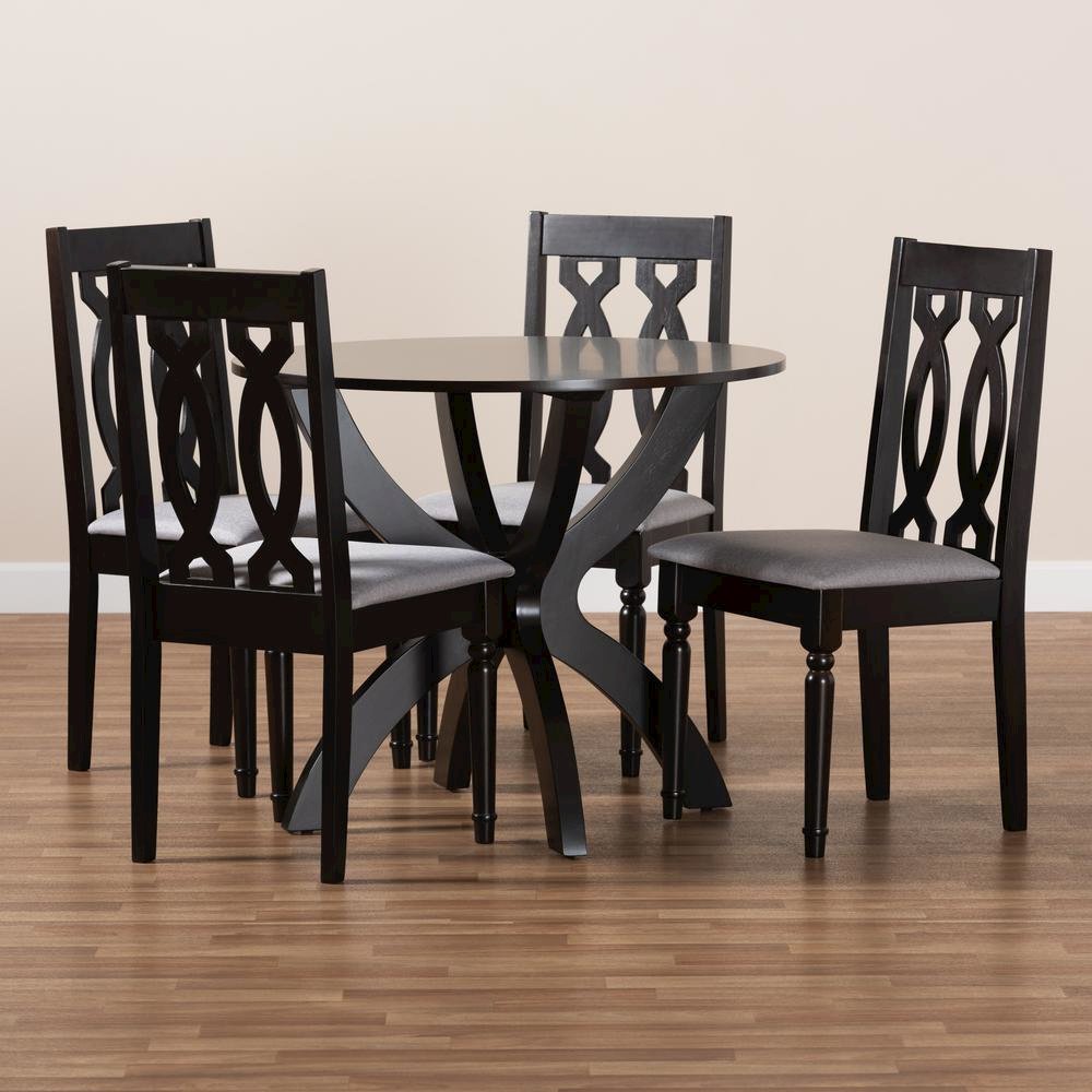 Grey Fabric Upholstered and Dark Brown Finished Wood 5-Piece Dining Set