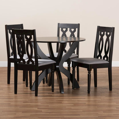 Grey Fabric Upholstered and Dark Brown Finished Wood 5-Piece Dining Set