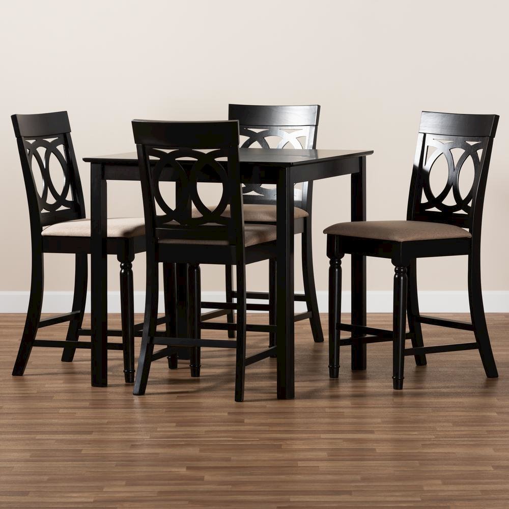 Sand Fabric Upholstered Espresso Brown Finished 5-Piece Wood Pub Set
