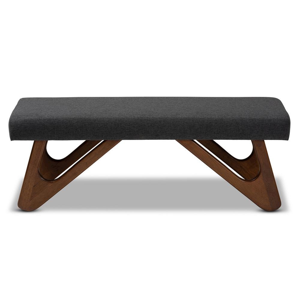 Dark Grey Fabric Upholstered Walnut Brown Finished Boomerang Bench
