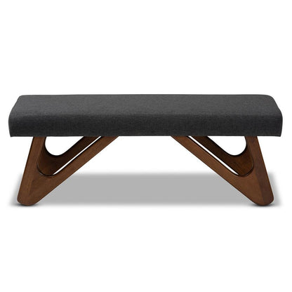 Dark Grey Fabric Upholstered Walnut Brown Finished Boomerang Bench