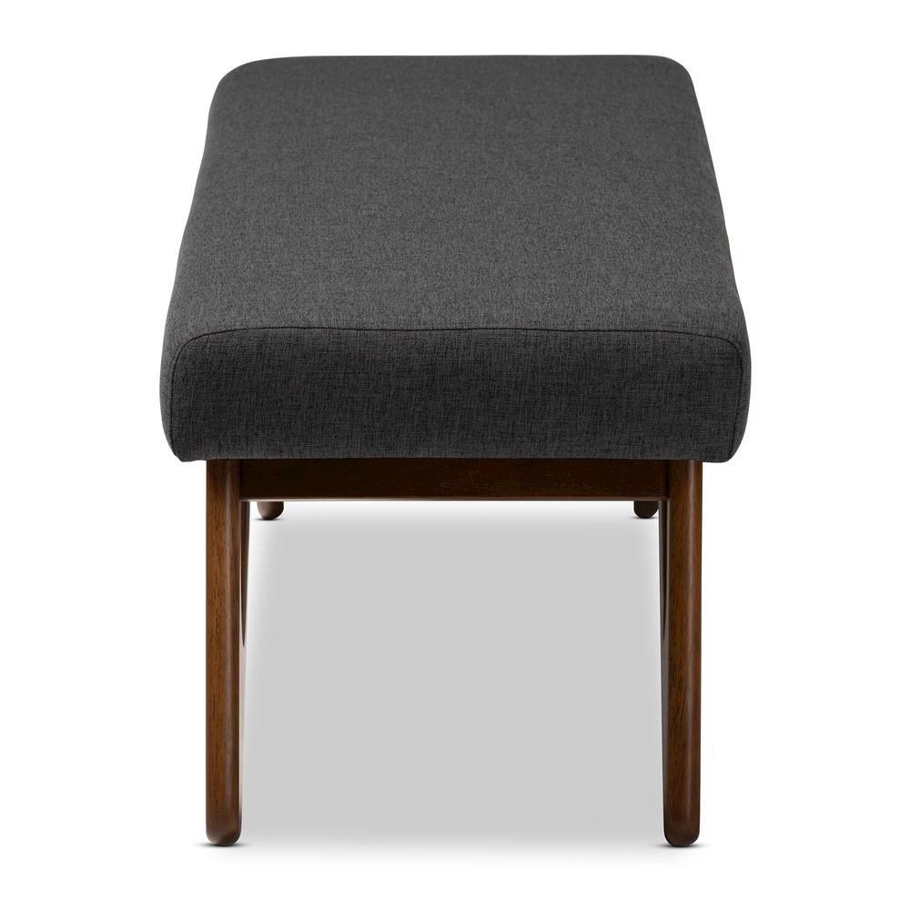 Dark Grey Fabric Upholstered Walnut Brown Finished Boomerang Bench