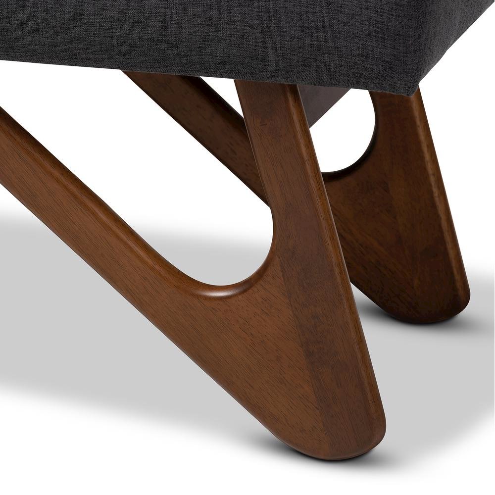 Dark Grey Fabric Upholstered Walnut Brown Finished Boomerang Bench