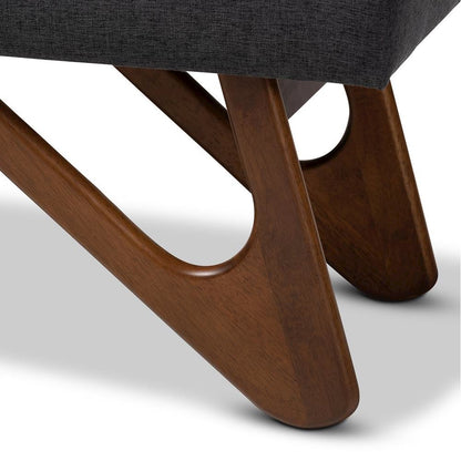 Dark Grey Fabric Upholstered Walnut Brown Finished Boomerang Bench