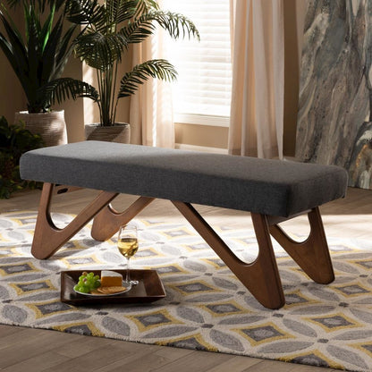 Dark Grey Fabric Upholstered Walnut Brown Finished Boomerang Bench