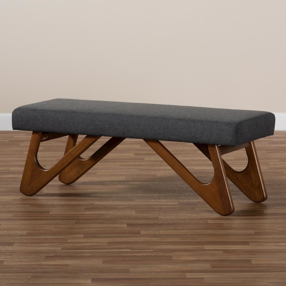 Dark Grey Fabric Upholstered Walnut Brown Finished Boomerang Bench