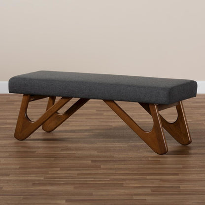 Dark Grey Fabric Upholstered Walnut Brown Finished Boomerang Bench