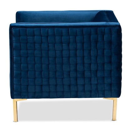 Luxe Navy Blue Velvet Fabric Upholstered Gold Finished Armchair