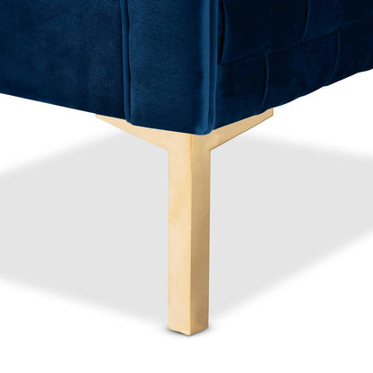 Luxe Navy Blue Velvet Fabric Upholstered Gold Finished Armchair