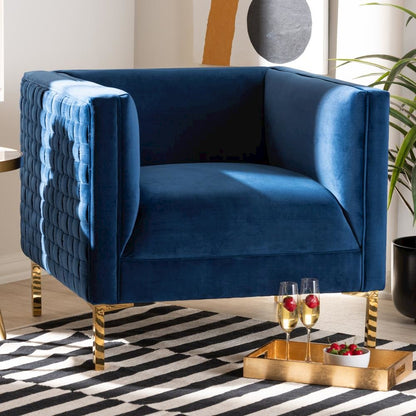 Luxe Navy Blue Velvet Fabric Upholstered Gold Finished Armchair
