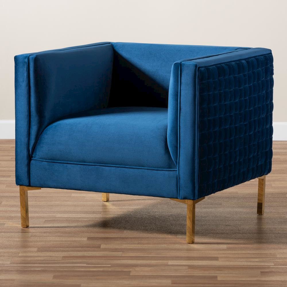 Luxe Navy Blue Velvet Fabric Upholstered Gold Finished Armchair