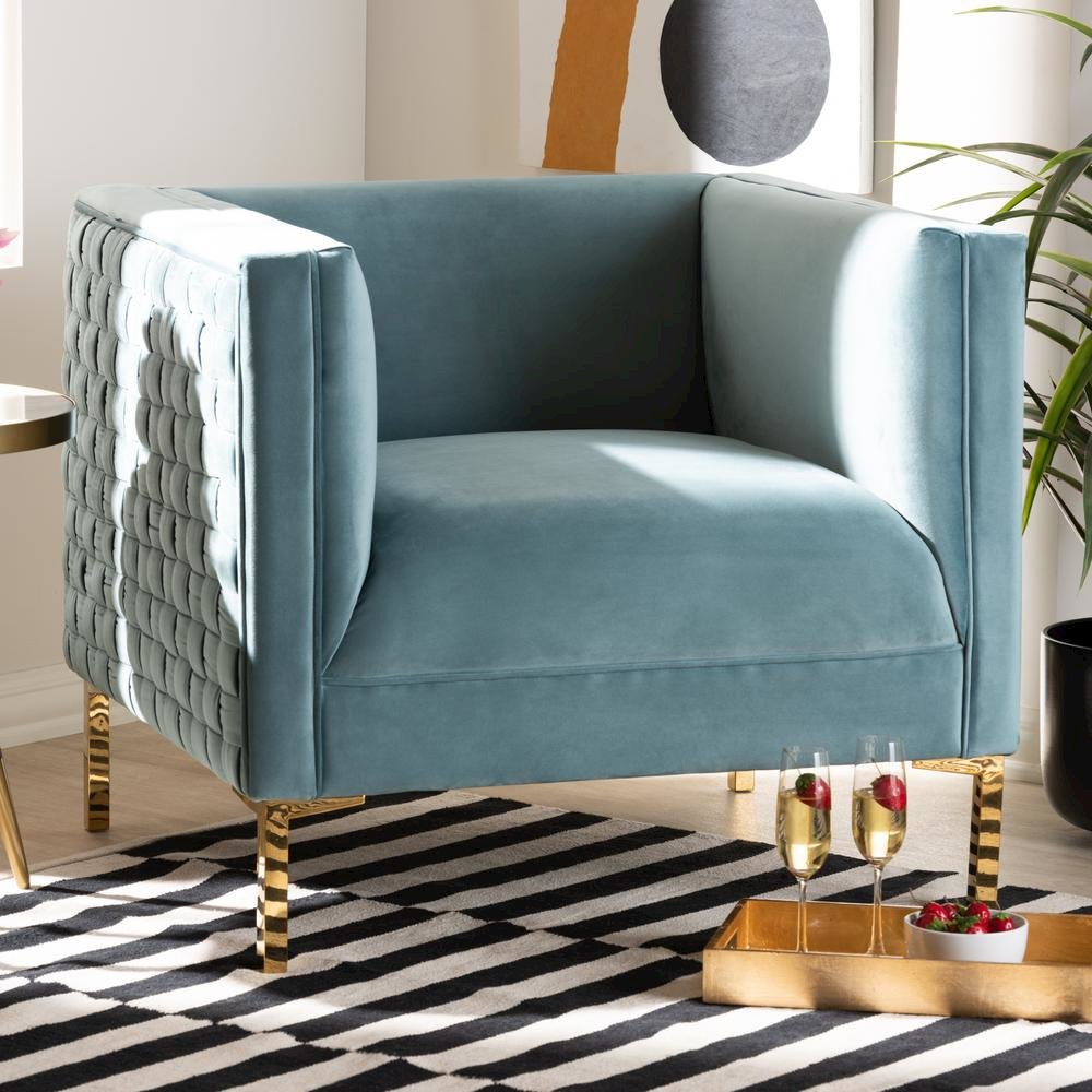 Luxe Light Blue Velvet Fabric Upholstered Gold Finished Armchair