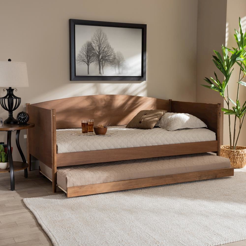 Veles Mid-Century Modern Ash Wanut Finished Wood Daybed with Trundle
