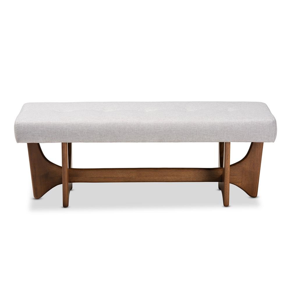 Theo Mid-Century Modern Greyish Beige Fabric Upholstered Walnut Finished Bench