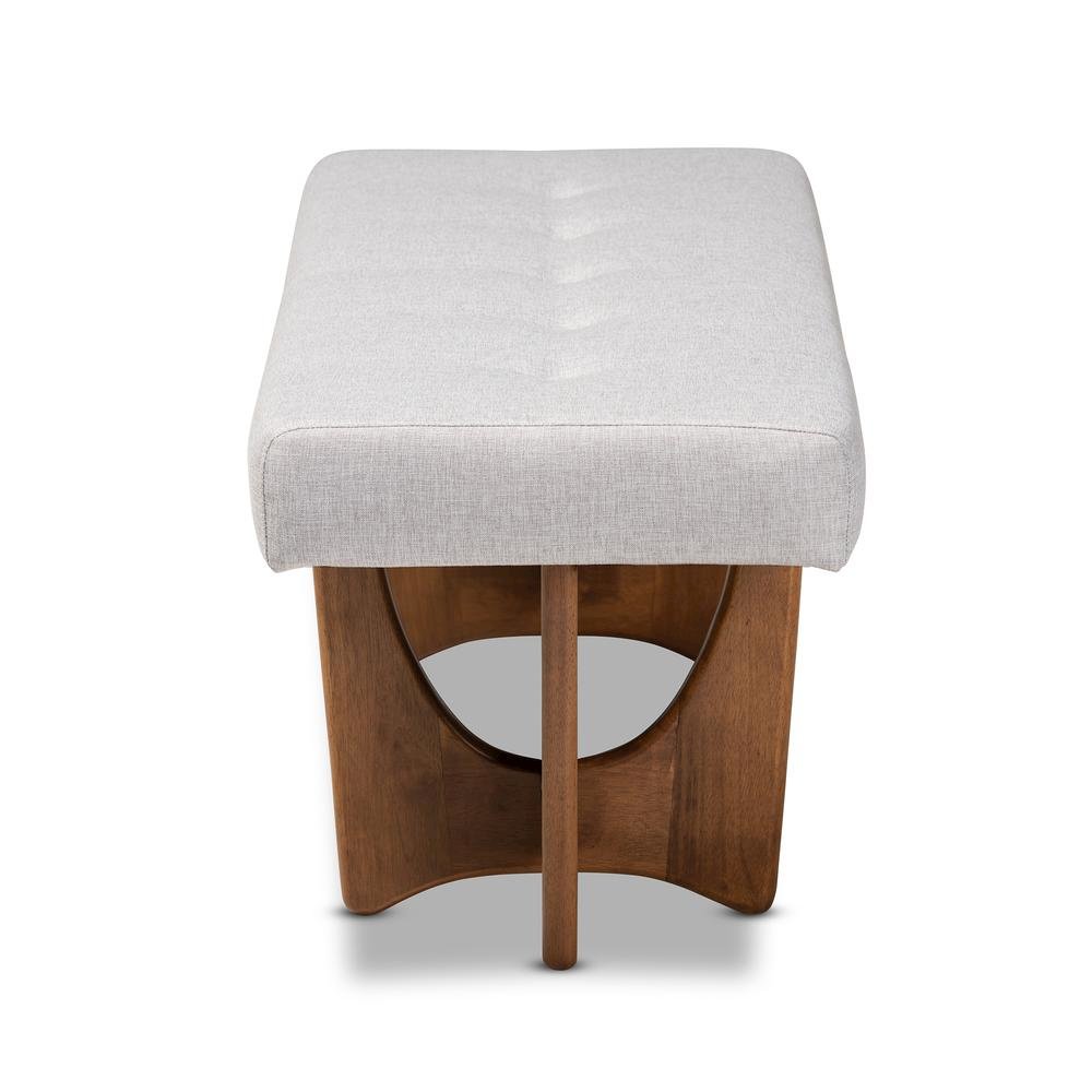 Theo Mid-Century Modern Greyish Beige Fabric Upholstered Walnut Finished Bench