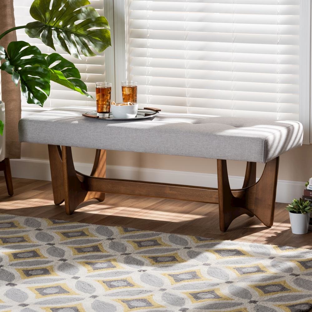 Theo Mid-Century Modern Greyish Beige Fabric Upholstered Walnut Finished Bench