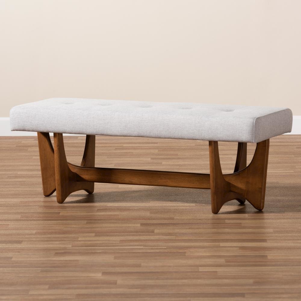 Theo Mid-Century Modern Greyish Beige Fabric Upholstered Walnut Finished Bench