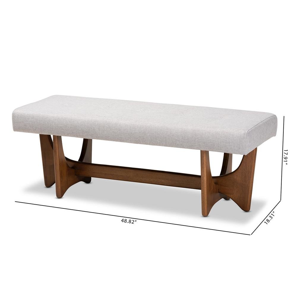 Theo Mid-Century Modern Greyish Beige Fabric Upholstered Walnut Finished Bench