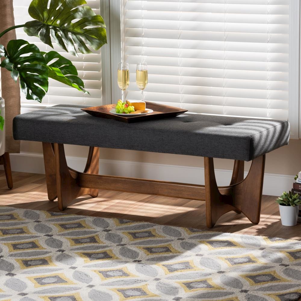 Theo Mid-Century Modern Dark Grey Fabric Upholstered Walnut Finished Bench