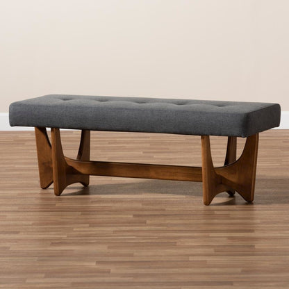 Theo Mid-Century Modern Dark Grey Fabric Upholstered Walnut Finished Bench