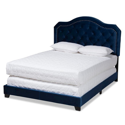 Navy Blue Velvet Fabric Upholstered Queen Size Button Tufted Bed