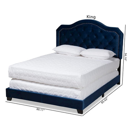 Navy Blue Velvet Fabric Upholstered Queen Size Button Tufted Bed