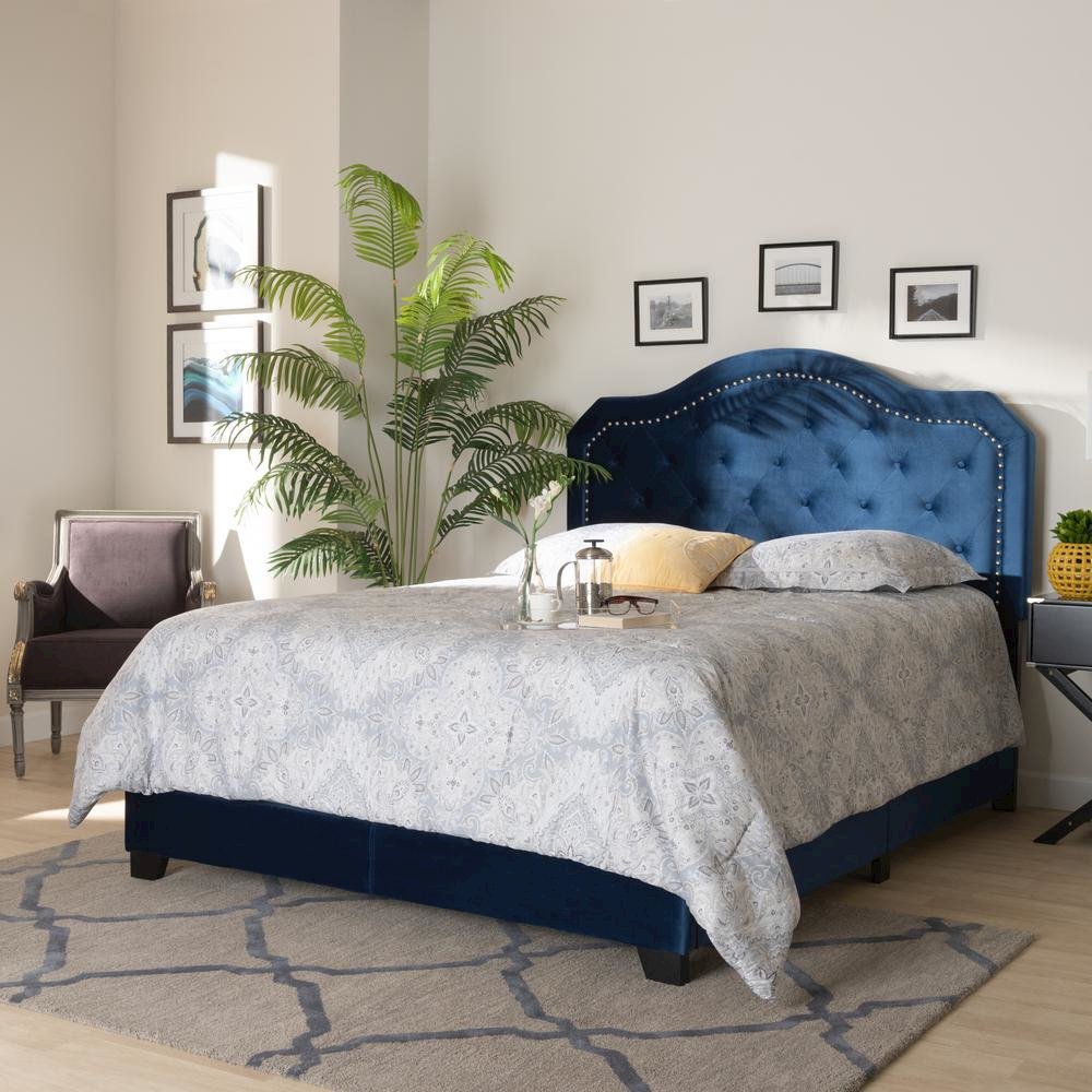 Navy Blue Velvet Fabric Upholstered Queen Size Button Tufted Bed