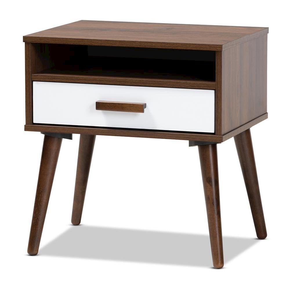 Two-Tone White and Walnut Finished 1-Drawer Wood End Table