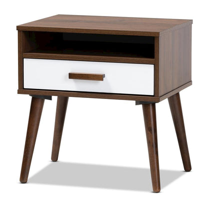 Two-Tone White and Walnut Finished 1-Drawer Wood End Table