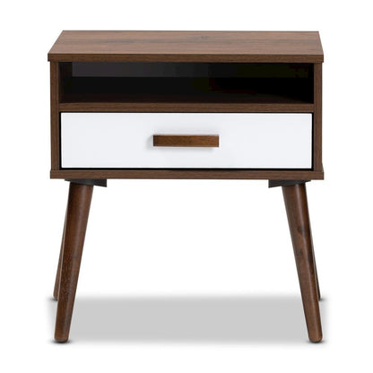 Two-Tone White and Walnut Finished 1-Drawer Wood End Table