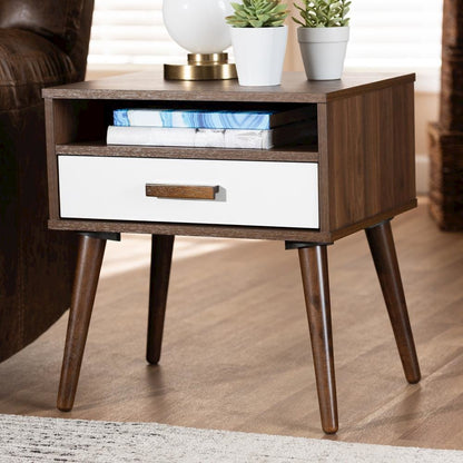Two-Tone White and Walnut Finished 1-Drawer Wood End Table