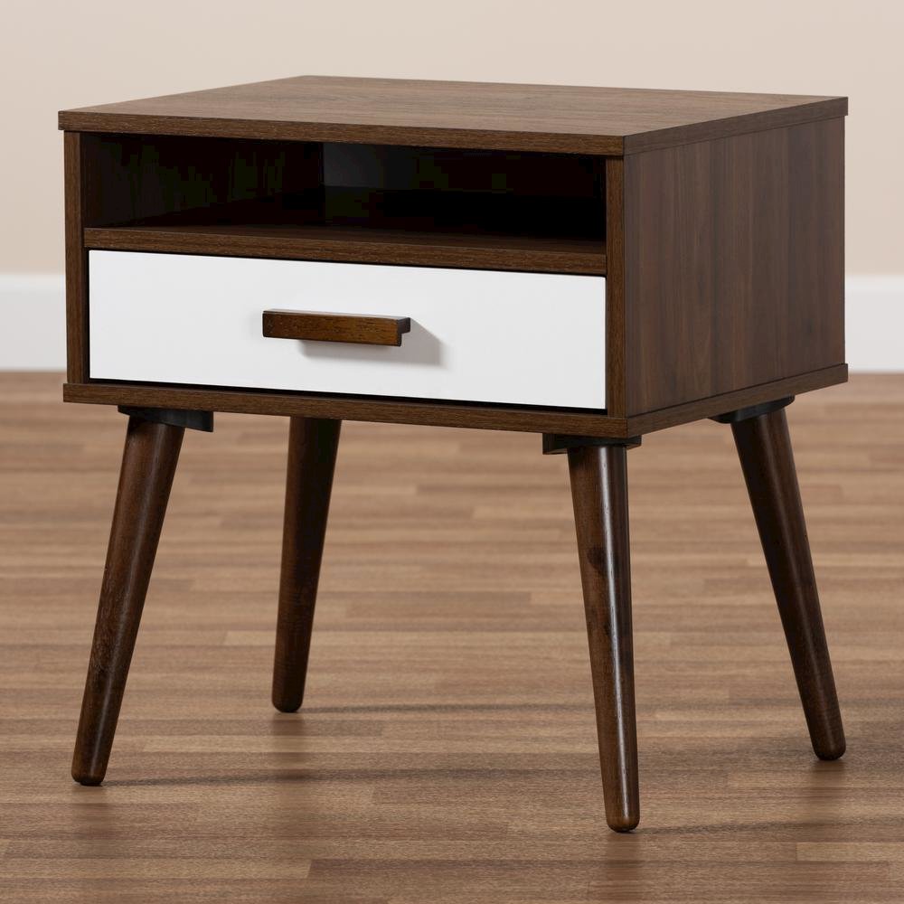 Two-Tone White and Walnut Finished 1-Drawer Wood End Table