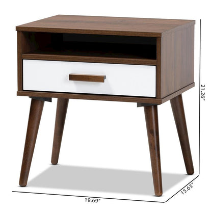 Two-Tone White and Walnut Finished 1-Drawer Wood End Table