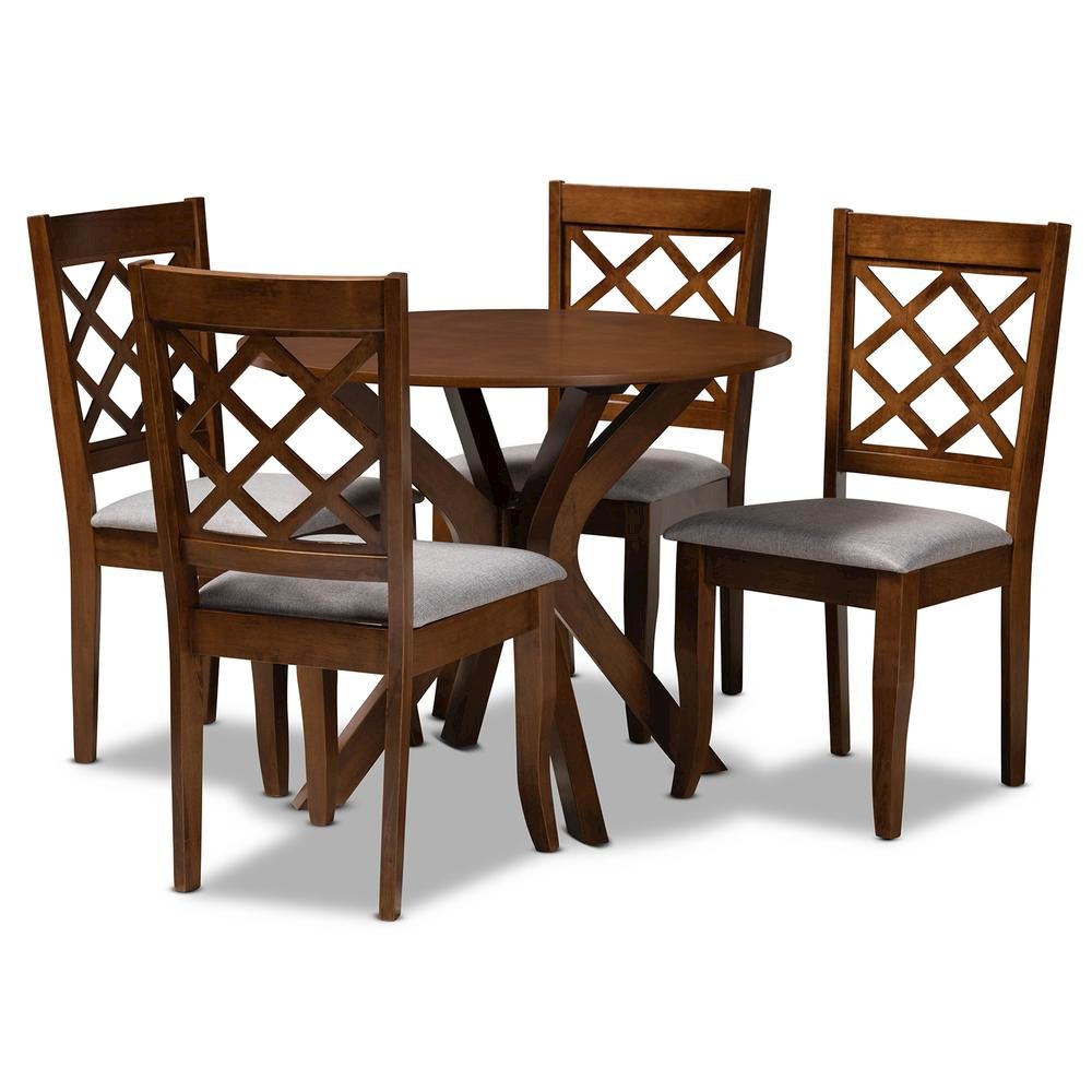 Grey Fabric Upholstered and Walnut Brown Finished Wood 5-Piece Dining Set