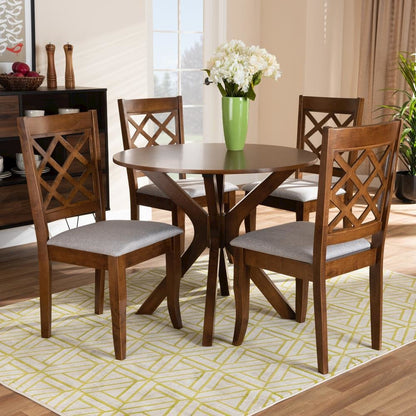 Grey Fabric Upholstered and Walnut Brown Finished Wood 5-Piece Dining Set