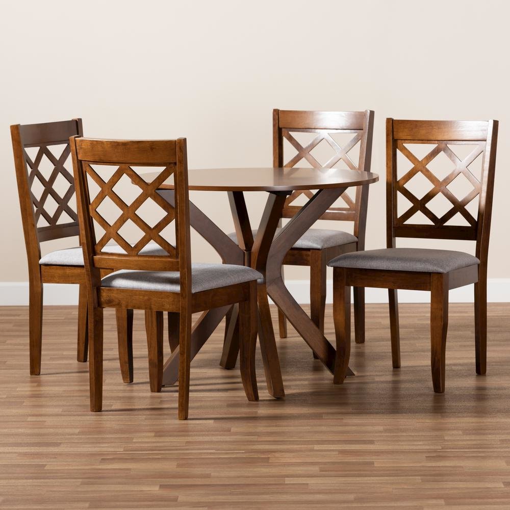 Grey Fabric Upholstered and Walnut Brown Finished Wood 5-Piece Dining Set