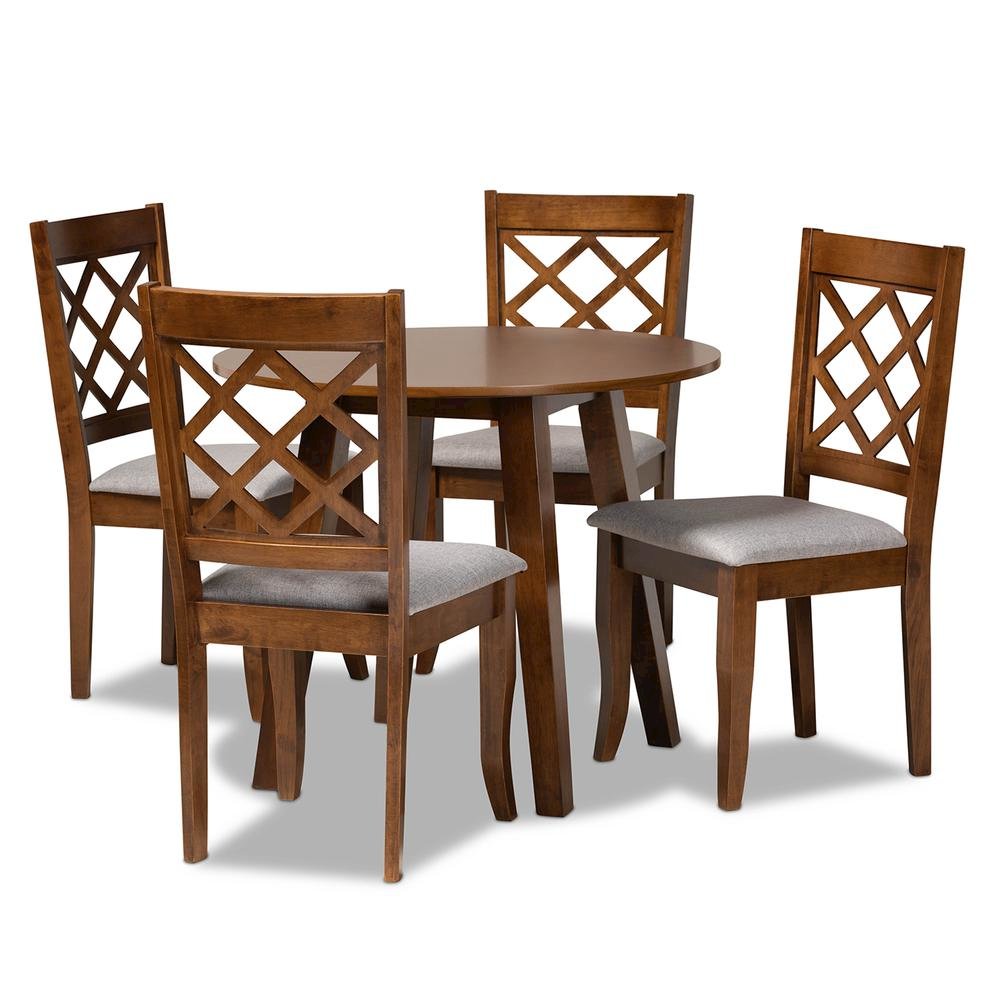 Grey Fabric Upholstered and Walnut Brown Finished Wood 5-Piece Dining Set
