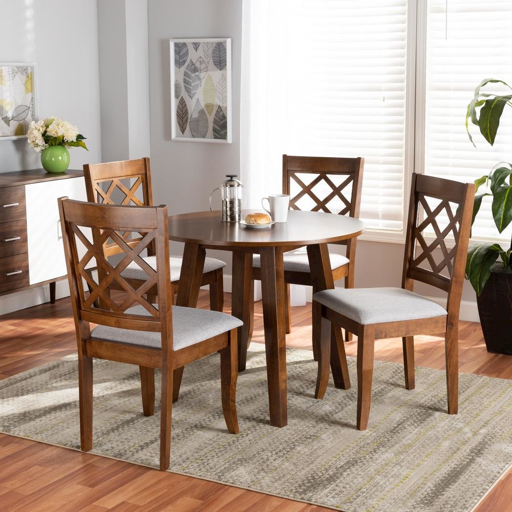 Grey Fabric Upholstered and Walnut Brown Finished Wood 5-Piece Dining Set