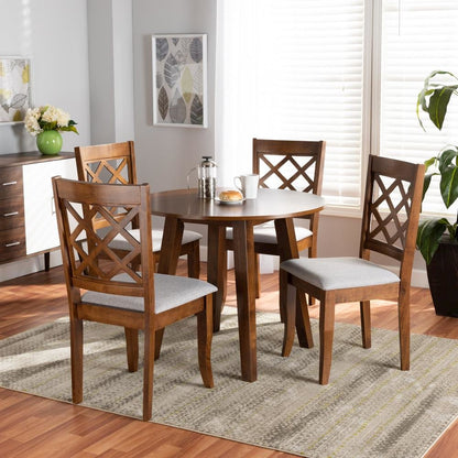Grey Fabric Upholstered and Walnut Brown Finished Wood 5-Piece Dining Set