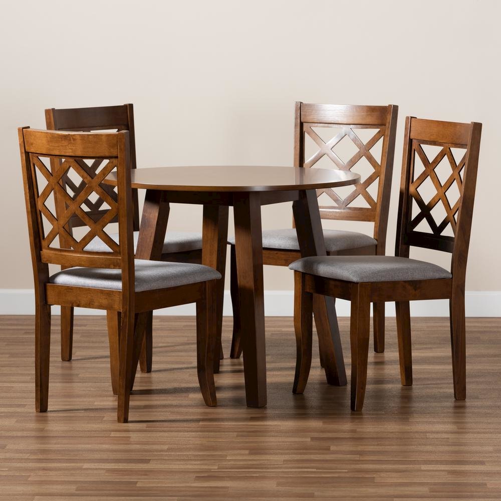 Grey Fabric Upholstered and Walnut Brown Finished Wood 5-Piece Dining Set