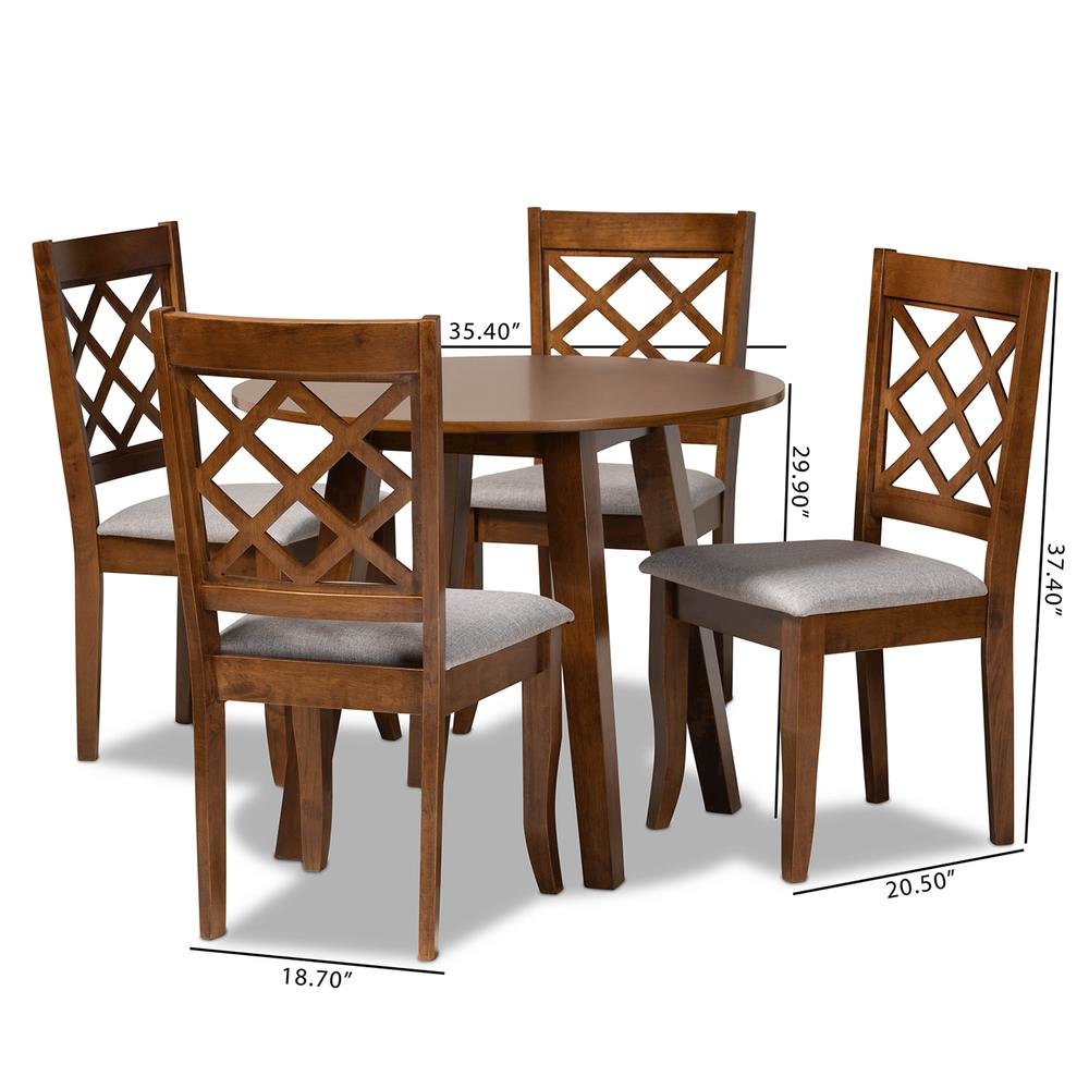 Grey Fabric Upholstered and Walnut Brown Finished Wood 5-Piece Dining Set